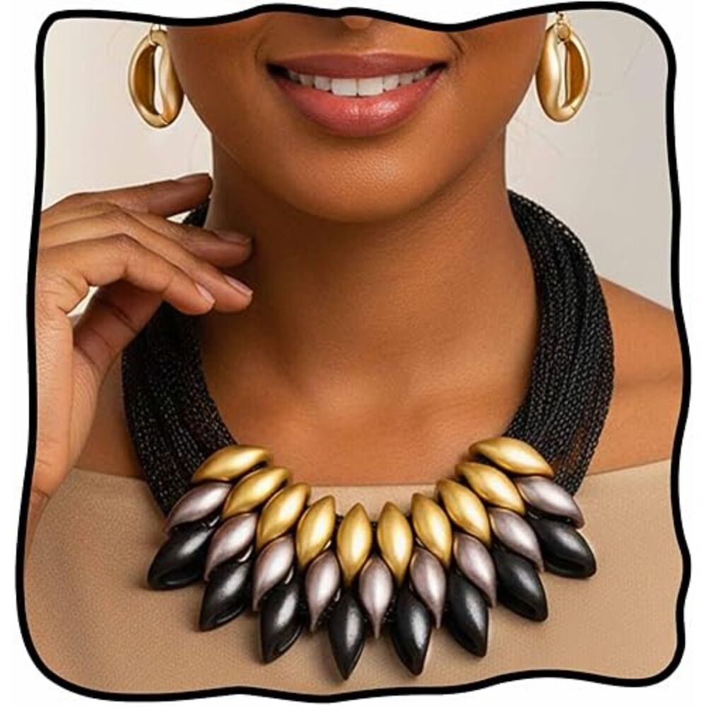 Statement Necklace Set Gold Leaf Design Chain Matching Drop Earrings for Women